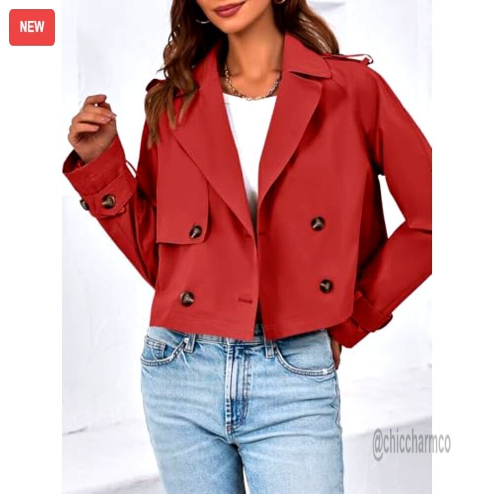 Cropped Trench Coat Double Breasted Lapel Jacket Casual Outerwear - Picture 3 of 7